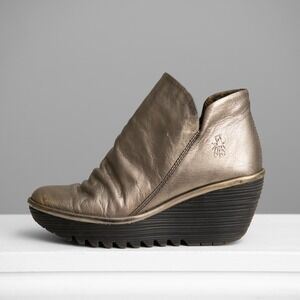 Fly London Yip Wedge Metallic Leather Wedge Ankle Boots Steam Punk Avant Garde